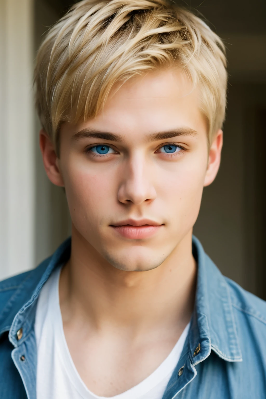 a beautiful young adult man, with messy short blond hair, low and slanted blue eyes