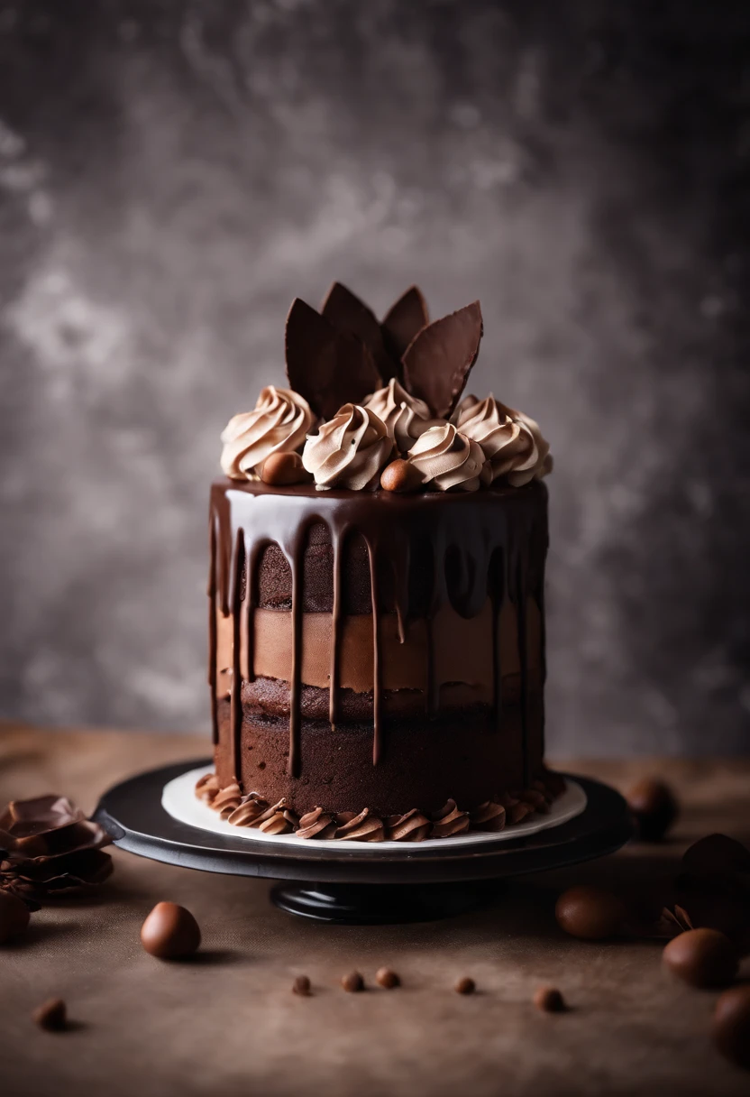 a creative shot of a chocolate cake with a unique design, such as a drip cake, ombre effect, or intricate piping work, showcasing the artistry and craftsmanship involved
