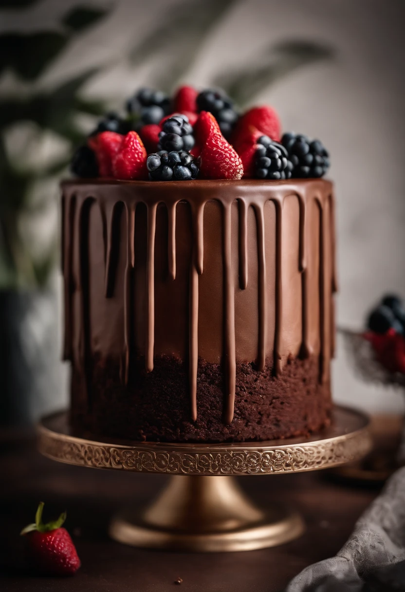 a creative shot of a chocolate cake with a unique design, such as a drip cake, ombre effect, or intricate piping work, showcasing the artistry and craftsmanship involved