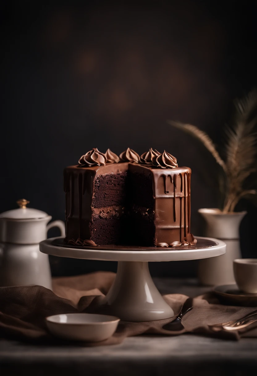 a creative shot of a chocolate cake with a unique design, such as a drip cake, ombre effect, or intricate piping work, showcasing the artistry and craftsmanship involved