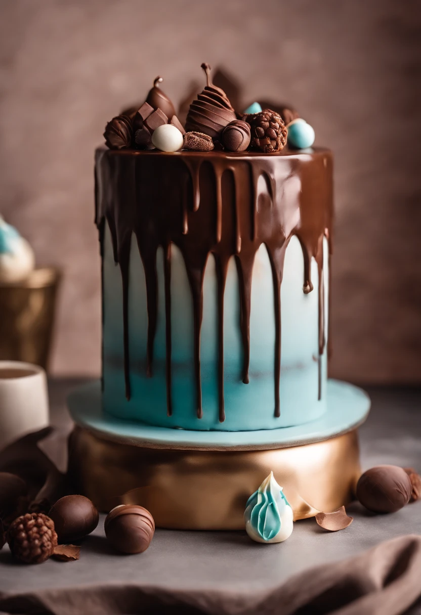 a creative shot of a chocolate cake with a unique design, such as a drip cake, ombre effect, or intricate piping work, showcasing the artistry and craftsmanship involved