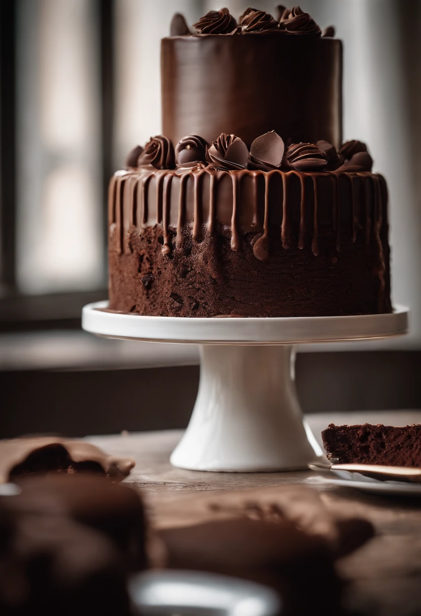 a creative shot of a chocolate cake with a unique design, such as a drip cake, ombre effect, or intricate piping work, showcasing the artistry and craftsmanship involved
