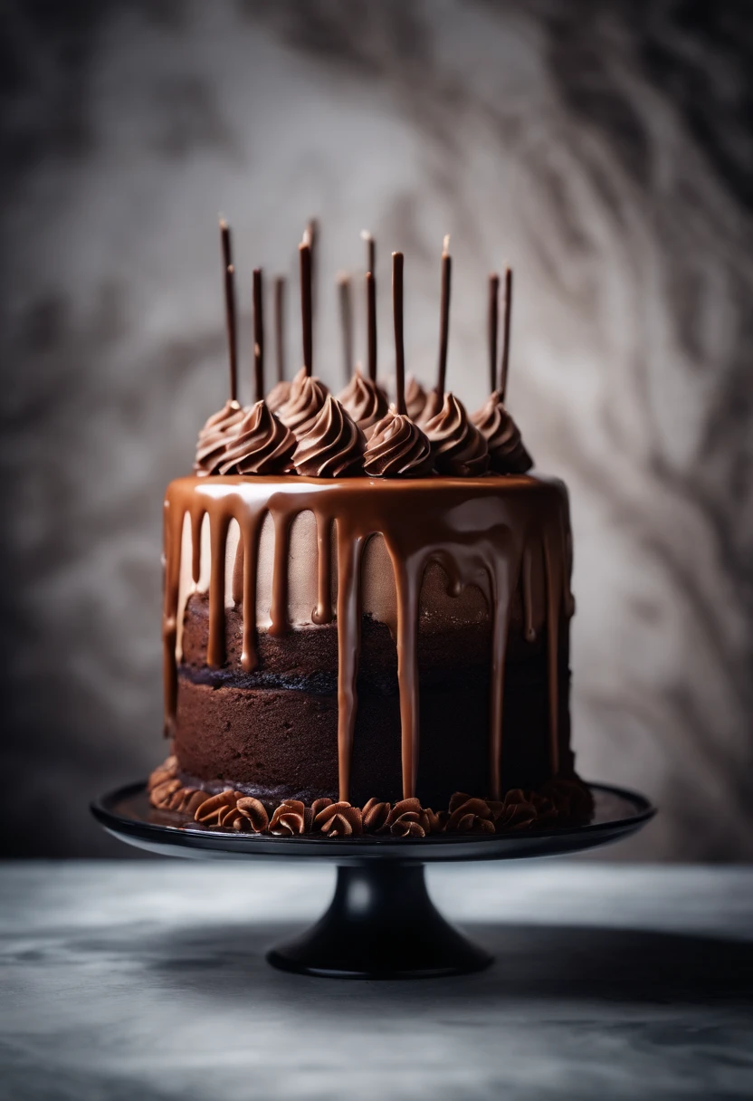 a creative shot of a chocolate cake with a unique design, such as a drip cake, ombre effect, or intricate piping work, showcasing the artistry and craftsmanship involved