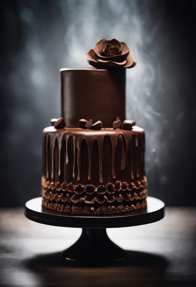 a creative shot of a chocolate cake with a unique design, such as a drip cake, ombre effect, or intricate piping work, showcasing the artistry and craftsmanship involved