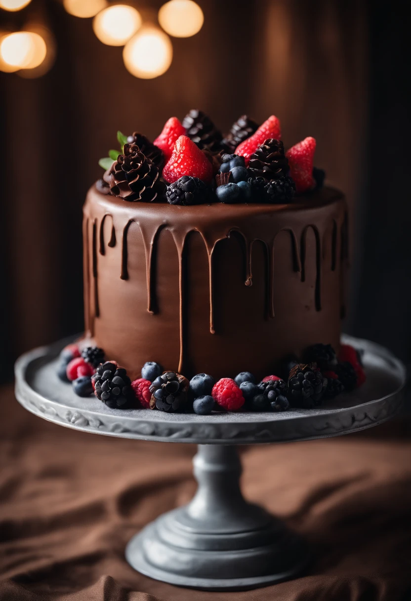 a creative shot of a chocolate cake with a unique design, such as a drip cake, ombre effect, or intricate piping work, showcasing the artistry and craftsmanship involved