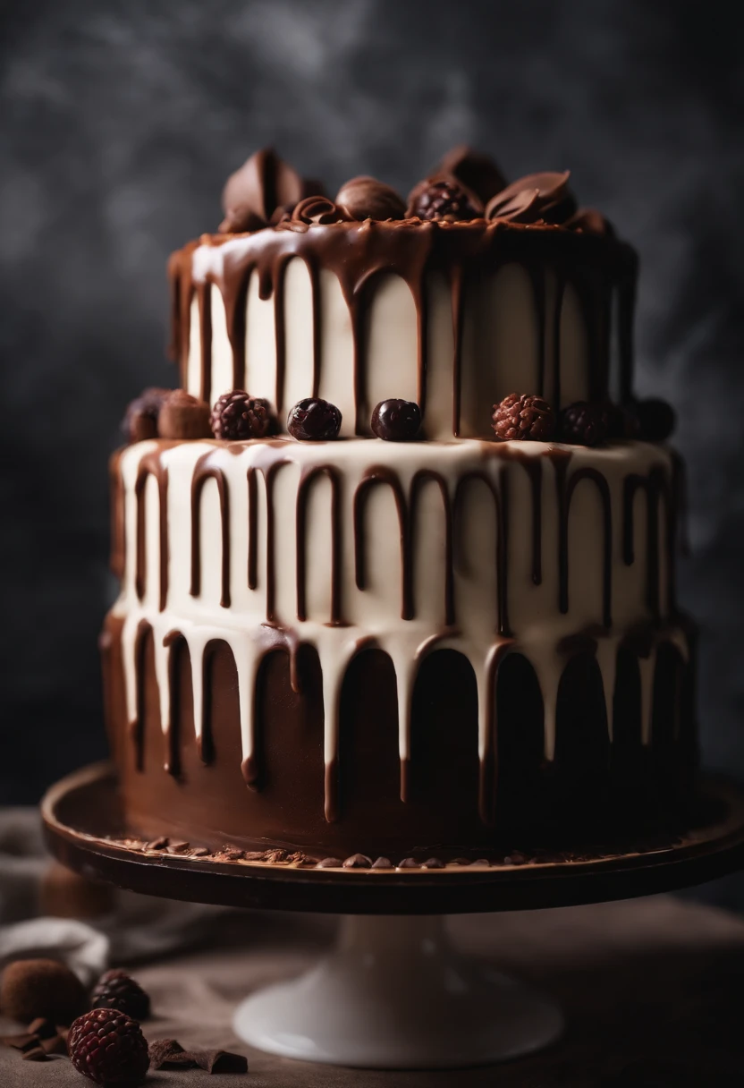 a creative shot of a chocolate cake with a unique design, such as a drip cake, ombre effect, or intricate piping work, showcasing the artistry and craftsmanship involved