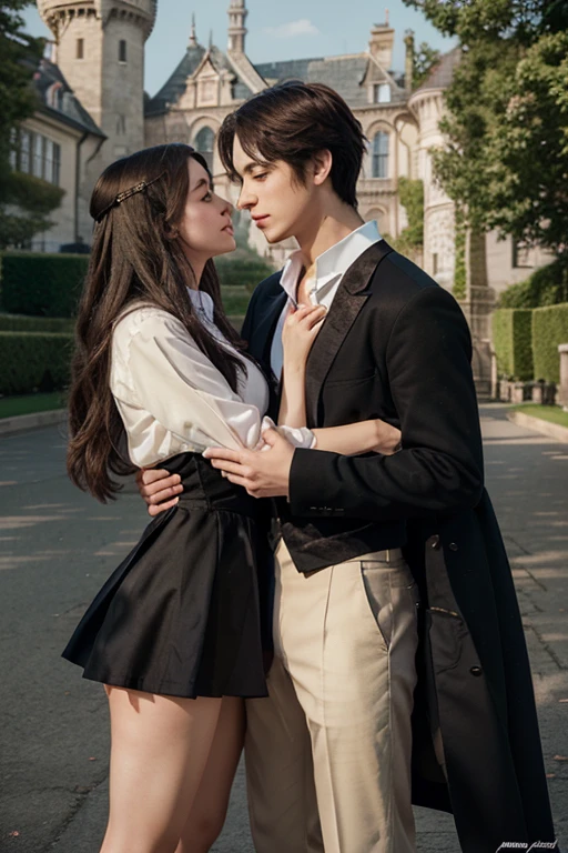 a film poster of a couple hugging each other in front of a castle, manhwa, shoujo romance, aristocratic, the flower prince, castle scene manga, delicate androgynous prince, cover manga, steam romance, romance novel cover, bloom. fantasy, sakimichan and frank franzzeta, manga cover, shoujo manga, in school witch uniform, hate to lover, student, boy an girl, love between friends, with uniform, with title "friends shouldn't act this way!", with comedy and romance genre