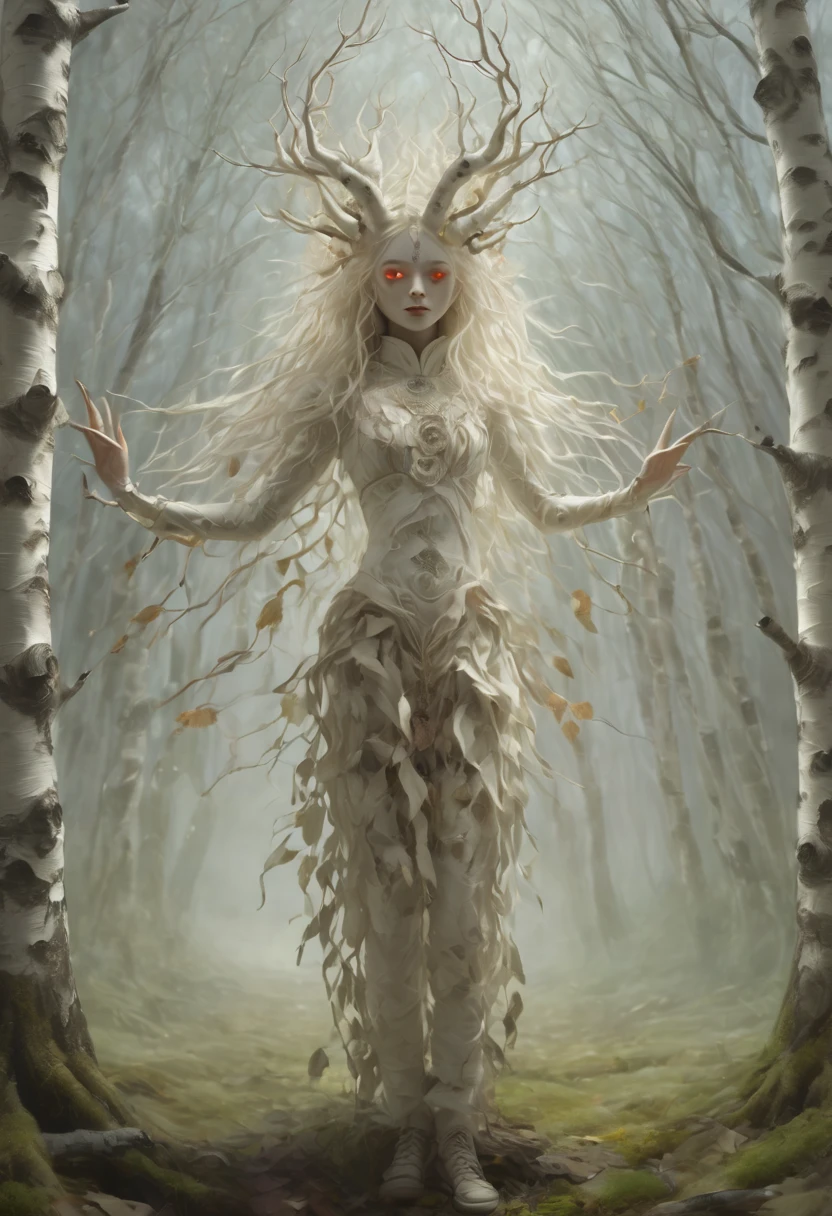 white birch tree girl, (beautiful girl made of dead plant), fantasy, The feet are rooted and go to the earth, long white curry hair, white birch forest, plants, beautiful psychedelic, psychedelic clothes made of White Birch skin with intricate weave, horns:1.2