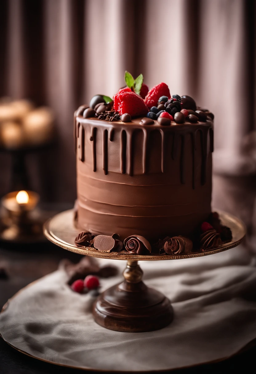 a creative shot of a chocolate cake with a unique design, such as a drip cake, ombre effect, or intricate piping work, showcasing the artistry and craftsmanship involved