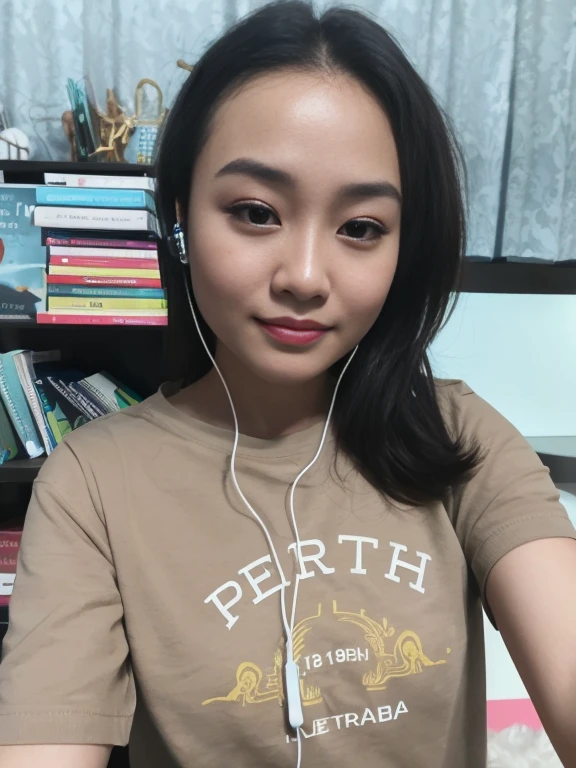woman with headset on sitting in front of a book shelf, 2 7 years old, with head phones, with accurate face, 2 8 years old, south east asian with round face, 2 9 years old, potrait, profile picture, with short hair, selfie photo, hard lighting!, 8k selfie photograph, very slightly smiling, with headphones, headshot profile picture