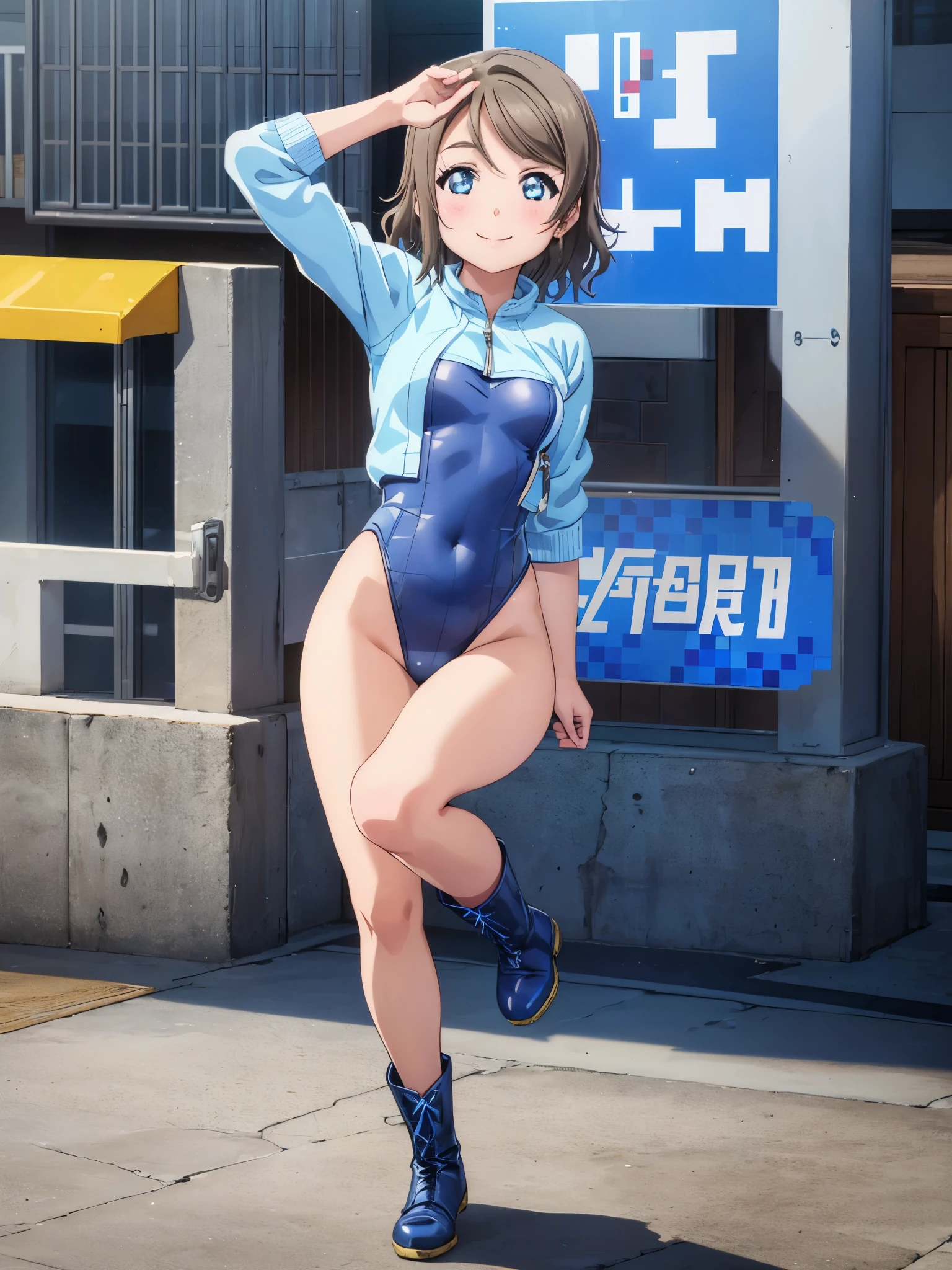 (((pixel-perfect, detail-perfect))), solo, 1girl, you watanabe, leotard, bare legs, boots, looking at viewer, smile