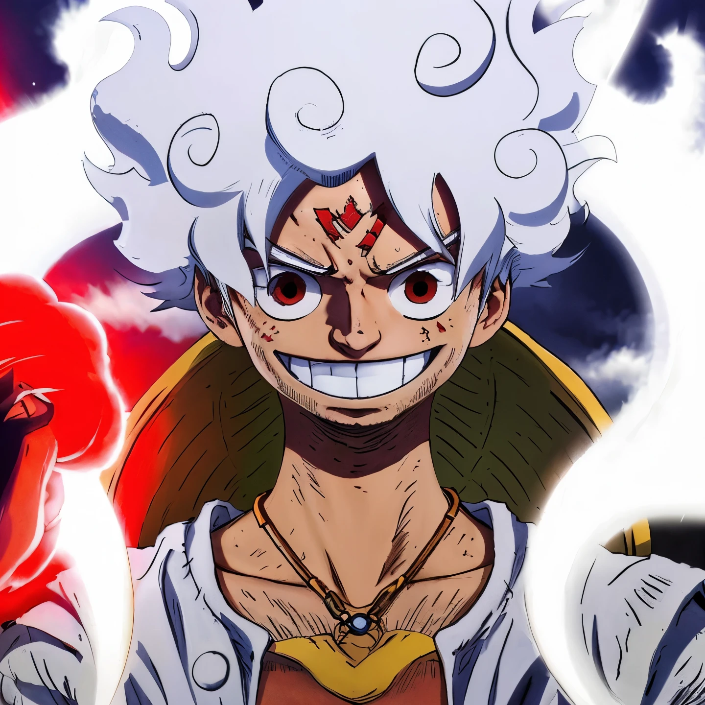 (masterpiece), (realistic), (ultra detailed), ( high reest quality), (photorealistic), (perfect face), young man, male, brazilian, age 20 old, monkey d luffy from one piece, luffy gear 5, his eyes are red, white hair, white eyebrows, wearing white clothes, wearing white jeans, straw hat hanging behind the character's neck,character is using gear 5 luffy from one piece, there is a white light around the character's body