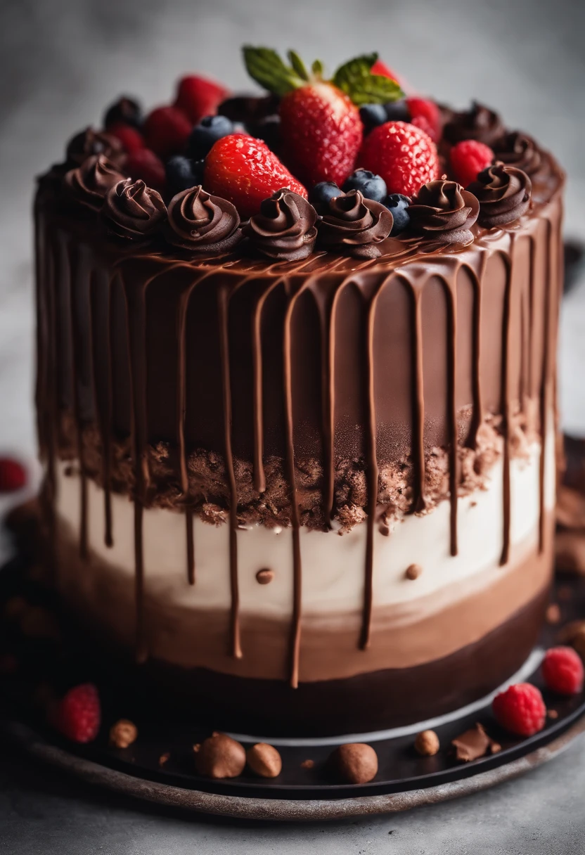 a creative shot of a chocolate cake with a unique design, such as a drip cake, ombre effect, or intricate piping work, showcasing the artistry and craftsmanship involved