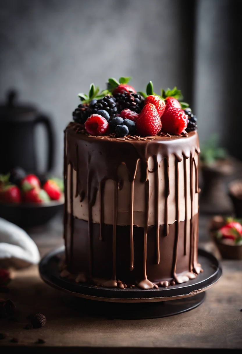 a creative shot of a chocolate cake with a unique design, such as a drip cake, ombre effect, or intricate piping work, showcasing the artistry and craftsmanship involved