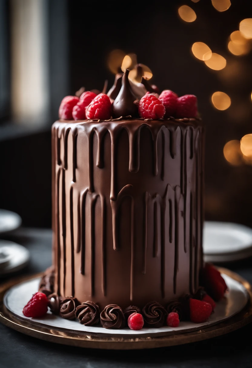 a creative shot of a chocolate cake with a unique design, such as a drip cake, ombre effect, or intricate piping work, showcasing the artistry and craftsmanship involved