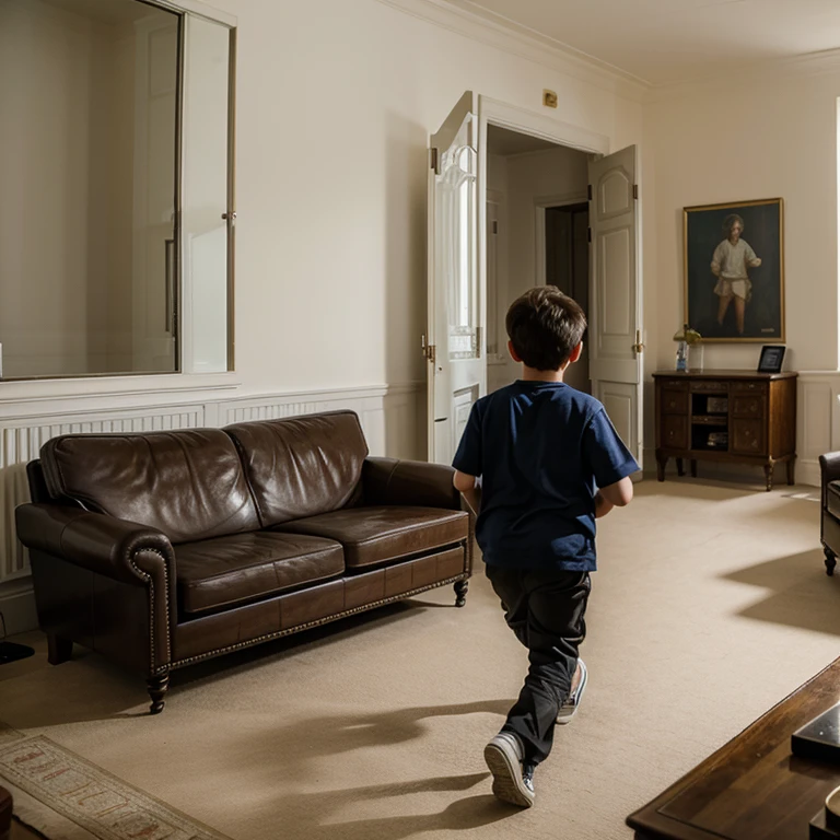 The boy is running towards his Father in the sitting room