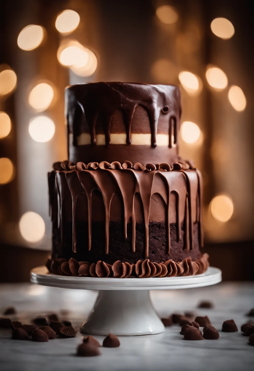 a creative shot of a chocolate cake with a unique design, such as a drip cake, ombre effect, or intricate piping work, showcasing the artistry and craftsmanship involved