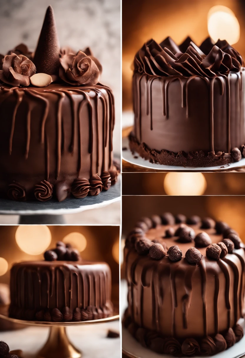 a creative shot of a chocolate cake with a unique design, such as a drip cake, ombre effect, or intricate piping work, showcasing the artistry and craftsmanship involved