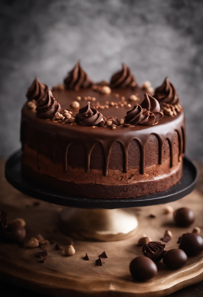 a creative shot of a chocolate cake with a unique design, such as a drip cake, ombre effect, or intricate piping work, showcasing the artistry and craftsmanship involved