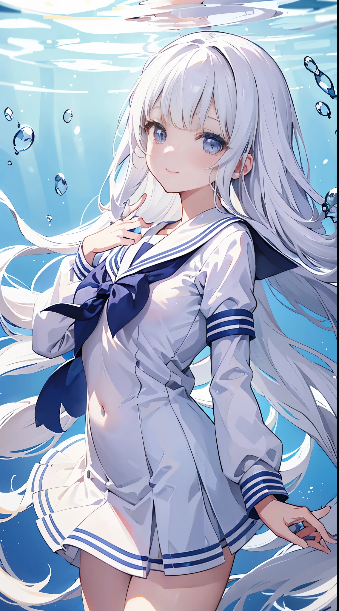 (See through:1.3),white serafuku,Sailor suit, White Theme,, Sailor suit, View the viewer,  Insanity, Long, messy hair, Beautiful and detailed eyes,I shine,Elevation,Blue sailor collar, Firm breasts,Smiling Kindly,Underwater Photography...