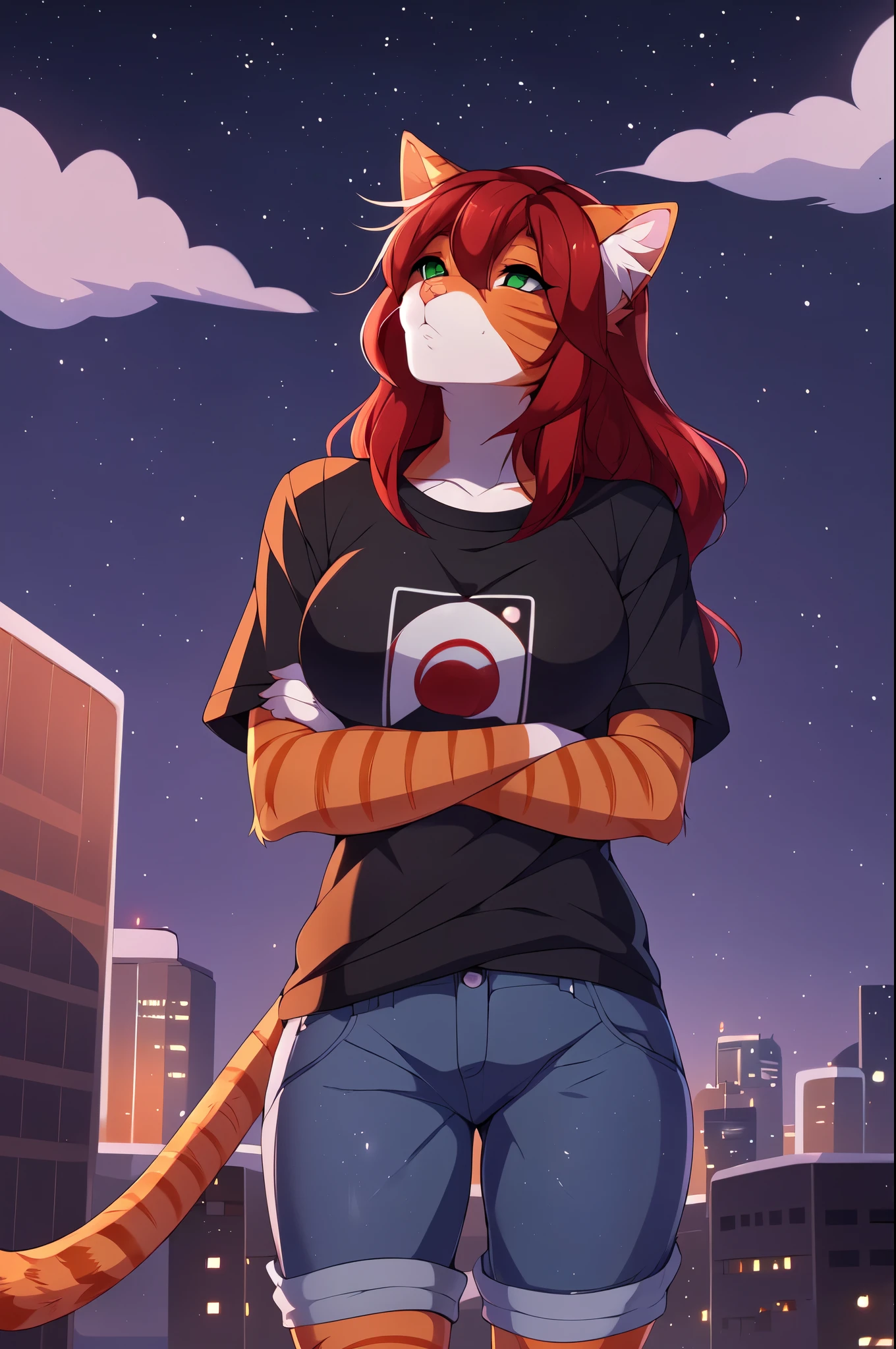 Sam, solo, orange tabby cat, crimson red hair, green eyes, orange tabby cat tail and ears, wearing black nerdy shirt, jean shorts, standing, (looking up at the sky)1.3, chin up, by fumiko, by hyattlen, by hioshiru, on a grassy hill, cell shading, nighttime, upper body shot, portrait