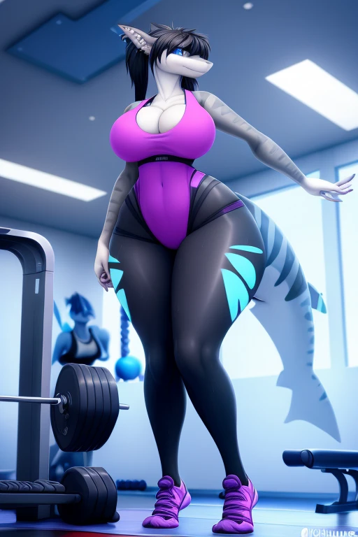 uploaded on e621, explicit content, 3d, (bastika, cutesexyrobutts, hioshiru), female, shark, thick thighs, huge butt, futuristic, (scalie), clawed feet, round wide hips, thicc ,(Anthro), slim waist, curvy, (Slit pupils), huge breasts, (zahn), lizard face, gym, bottom-heavy, goth, large ass, sexy, seductive, extremely detailed, portrait, looking at viewer, (full body:0.6), detailed background, close up, (airy modern theme:1.1), extremely busty gym girl, ponytail, smirk, mysterious, standing in the gym, sports bra, leggings, wet, workout gear, weight machines, windows, modern gym, ((((gigantic breasts, cleavage, skindentation)))), modern (gym interior:1.1) background, dark mysterious lighting, shadows, anthro, shark, marine, blue-grey skin, white belly, white jaw, black hair, light blue eyes, shark tail, tail piercing, ear piercing, female two tone hair purple, smile, shark teeth, snout, shark snout, claweddrip), G-string panties,
long legs, modern (gym interior:1.1) background, dark mysterious lighting, shadows, magical atmosphere, dutch angle,