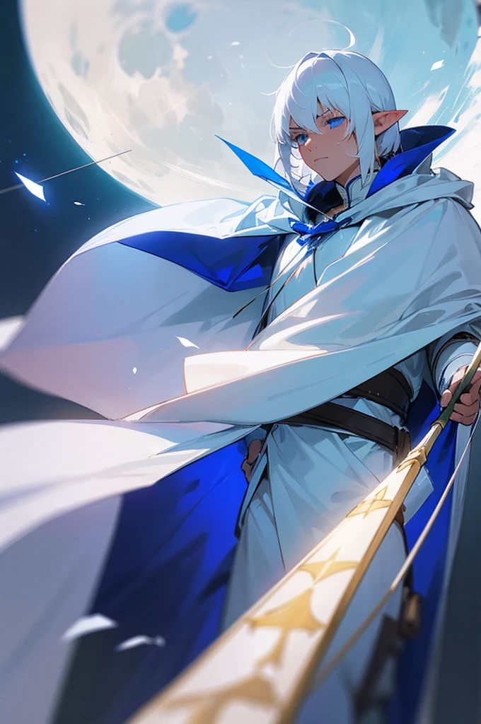 ultra-detailed, pointy ears, white hair, blue eyes, short hair, wearing a white archer outfit, wearing a blue cape on his back, wearing a white mask on his face and a cloak to cover up to his nose, holding a bow and arrow in hand, the cloth is the moon, a face, ethereal lighting, mystical atmosphere, vibrant colors