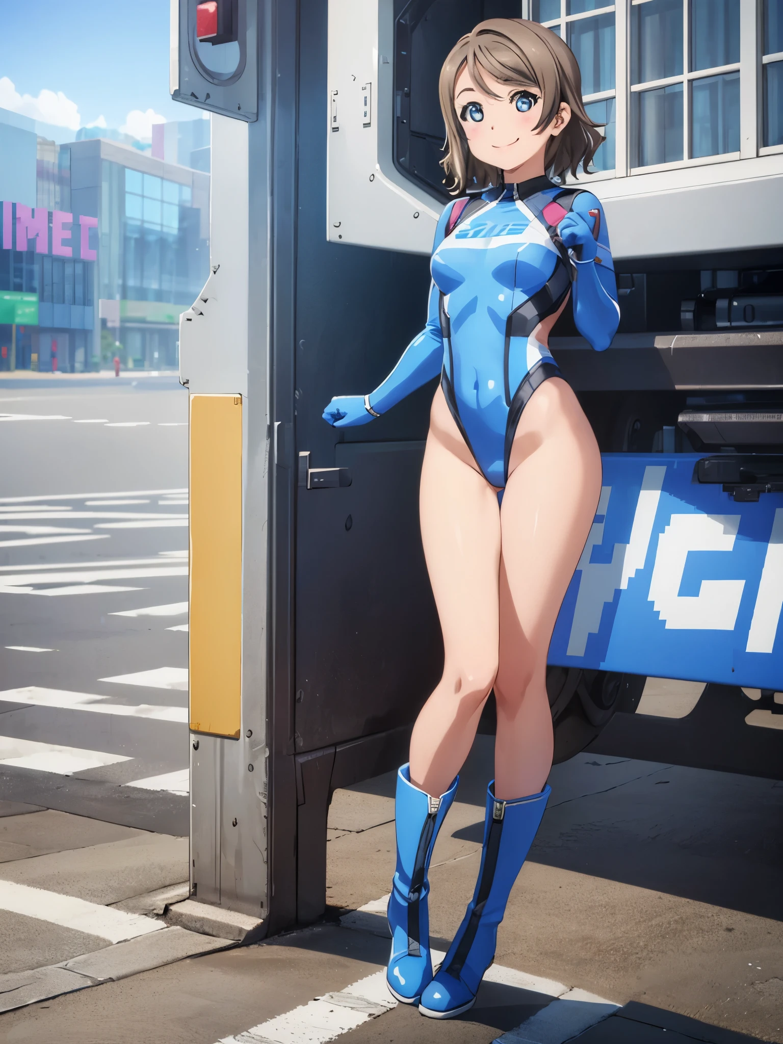 (((pixel-perfect, detail-perfect))), solo, 1girl, you watanabe, superhero, leotard, bare legs, boots, looking at viewer, smile