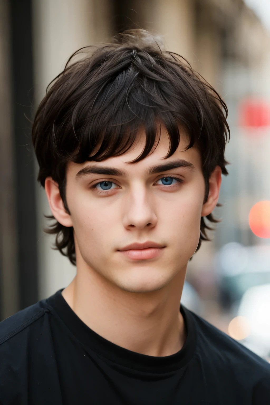 a beautiful young adult man, with messy short Black hear, low and slanted blue eyes