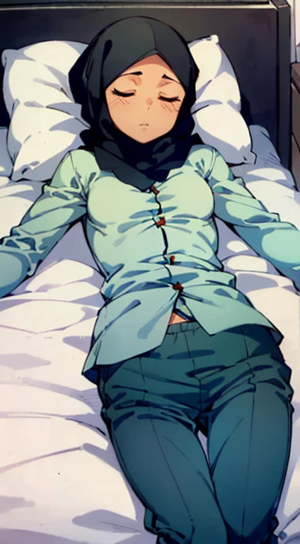 Photo of a malay female with small breasts (((lying on the bed))) & (((sleep))) inside (girl's bedroom), 20yo, ite, skinny, slender body, short body, ((((dark skin)))), dimples, light, detailed face, ((closed eyes)), (((hijab))), (((pijamas shirt))), (((pijamas pants)))