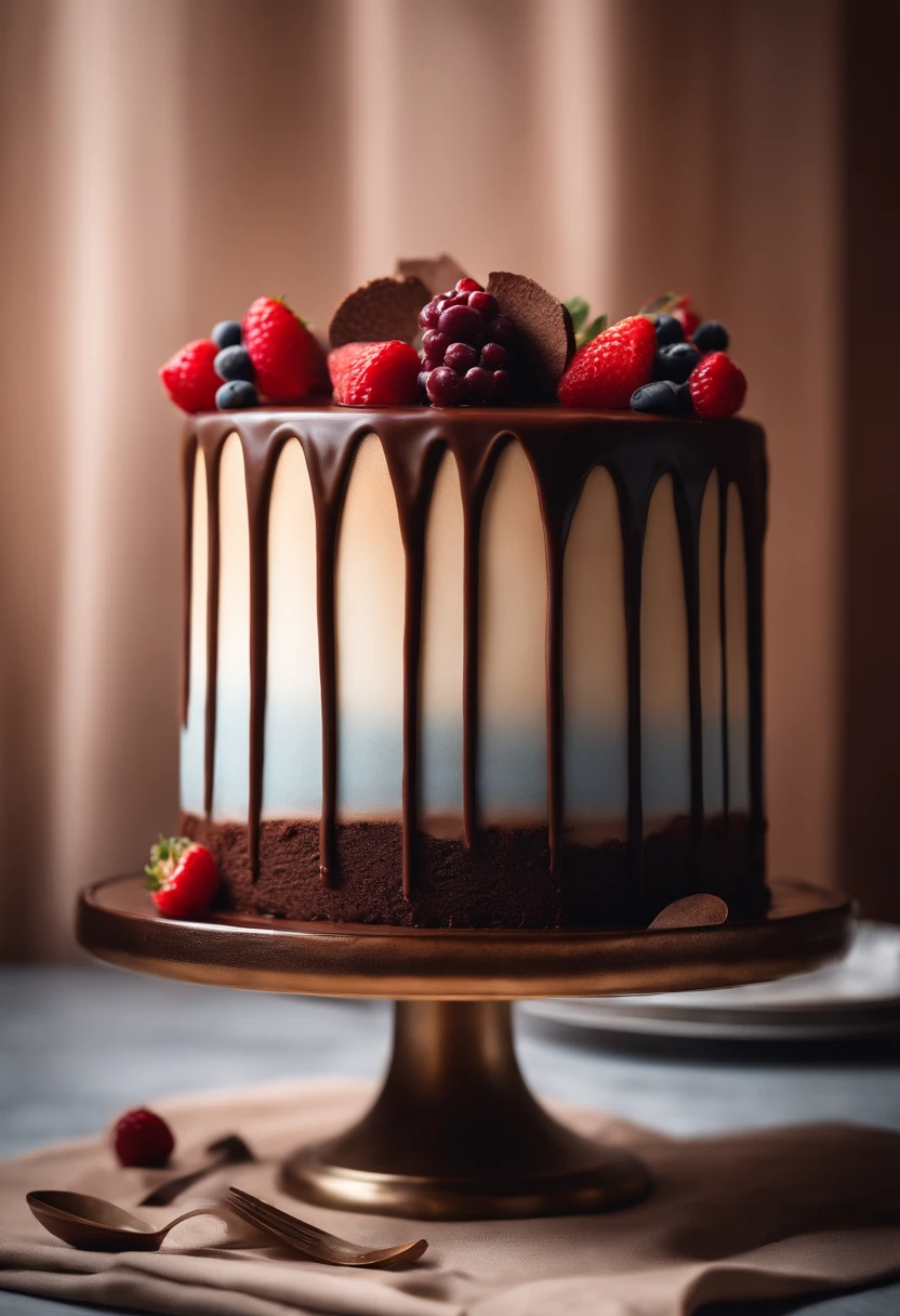 a creative shot of a chocolate cake with a unique design, such as a drip cake, ombre effect, or intricate piping work, showcasing the artistry and craftsmanship involved