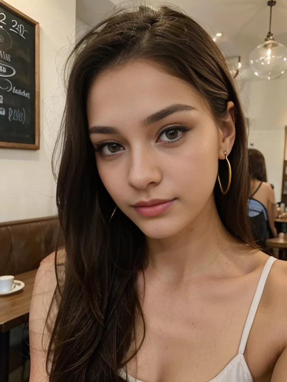 Photo of a 20 year old brunette woman, that  has a very natural face,  thin lips, thin eyes, thin eyebrows, thin nose, earrings, long eyelashes. She makes a cute selfie in a cafe