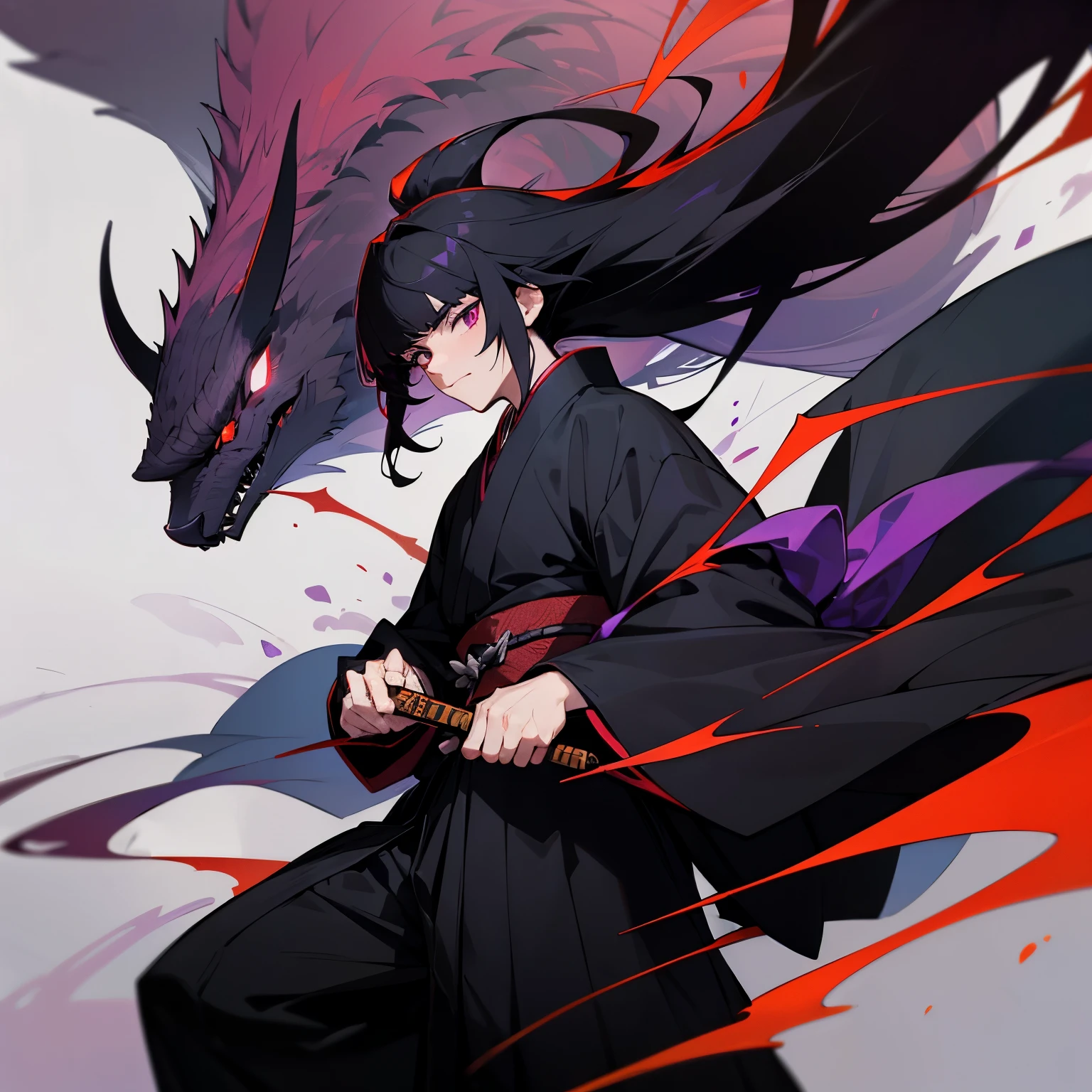 long, spiky black hair with red tips with two chin-length bangs. He wears a purple-and-black hexagonal patterned nagagi kimono and black umanori-styled hakama pants tied with a white uwa-obi. Over this, he wears a black cloak similar in appearance to a cape with protruding collars.