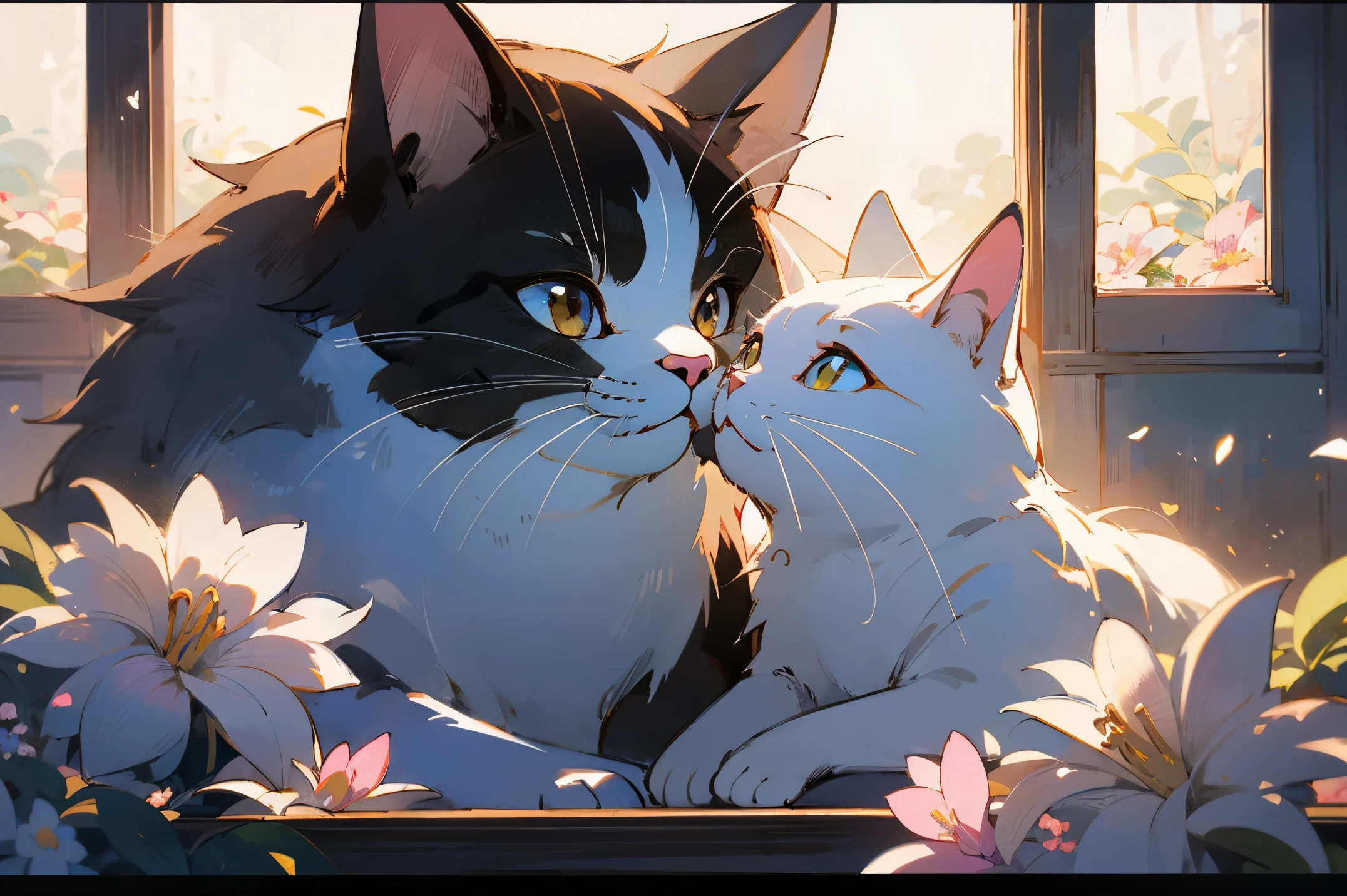 cute white puppet cat, hayao miyazaki dream style, surrealist animal illustration, bow, flowers, window, sky, meiji art, light color color painting, rich layers, realistic figurative painting, realistic hyper-detail portrait style, neo-traditional japan, soft edges, fantastic illustration, (very detailed CG unity 8k wallpaper), clean background, natural light, best quality, hyperdetail,