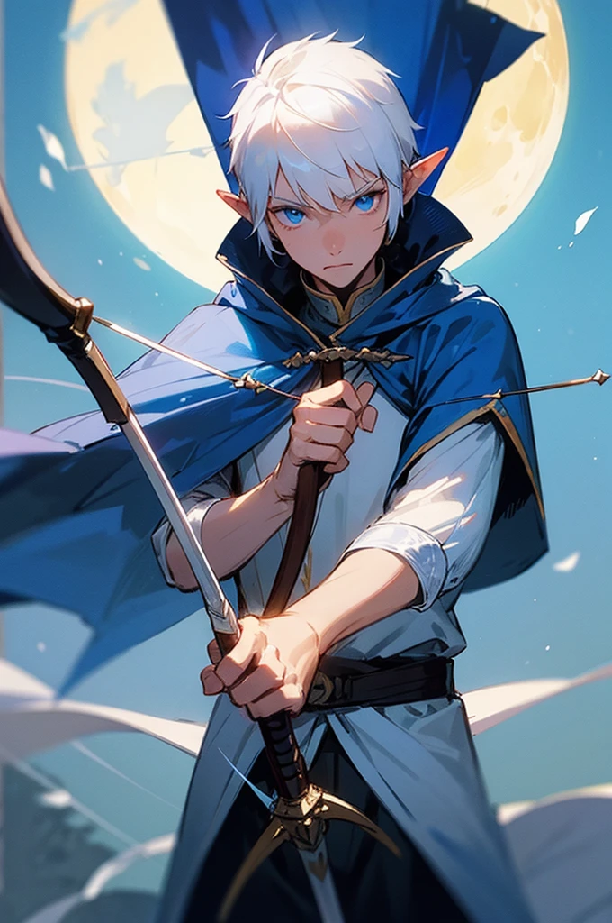 ultra-detailed, pointy ears, white hair, blue eyes, short hair, wearing a white archer outfit, wearing a blue cape on his back, holding a bow and arrow in his hand, and in the other hand he is holding a sword elven adorned, the cloth is the moon, a face, ethereal lighting, mystical atmosphere, vibrant colors