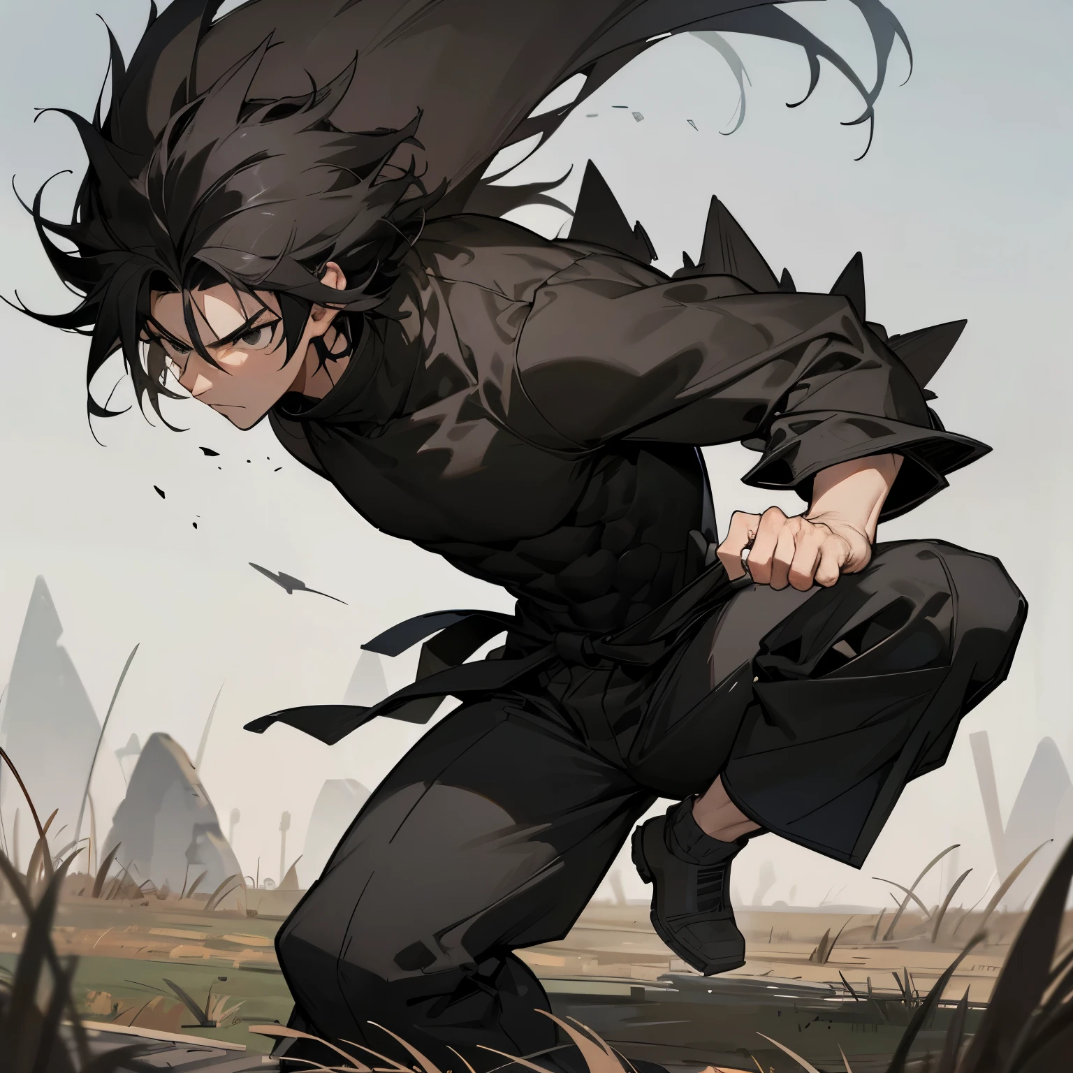 1male , Muscular , Black Hair , Spiky Hair , Messy Hair , Fitted Black Turtleneck Warn Under,Gray Overclothing, Layered Clothing , Baggy Grey Pants, Black Eyes , Serious Expression , Grasslands background , Perfect Generation , Martial Arts Clothing , Strong Pose