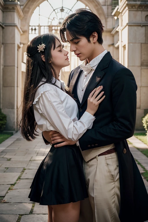 a film poster of a couple hugging each other in front of a castle, manhwa, shoujo romance, aristocratic, the flower prince, castle scene manga, delicate androgynous prince, cover manga, steam romance, romance novel cover, bloom. fantasy, sakimichan and frank franzzeta, manga cover, shoujo manga, in school witch uniform, hate to lover, student, boy an girl, love between friends, with uniform, with title "friends shouldn't act this way!"