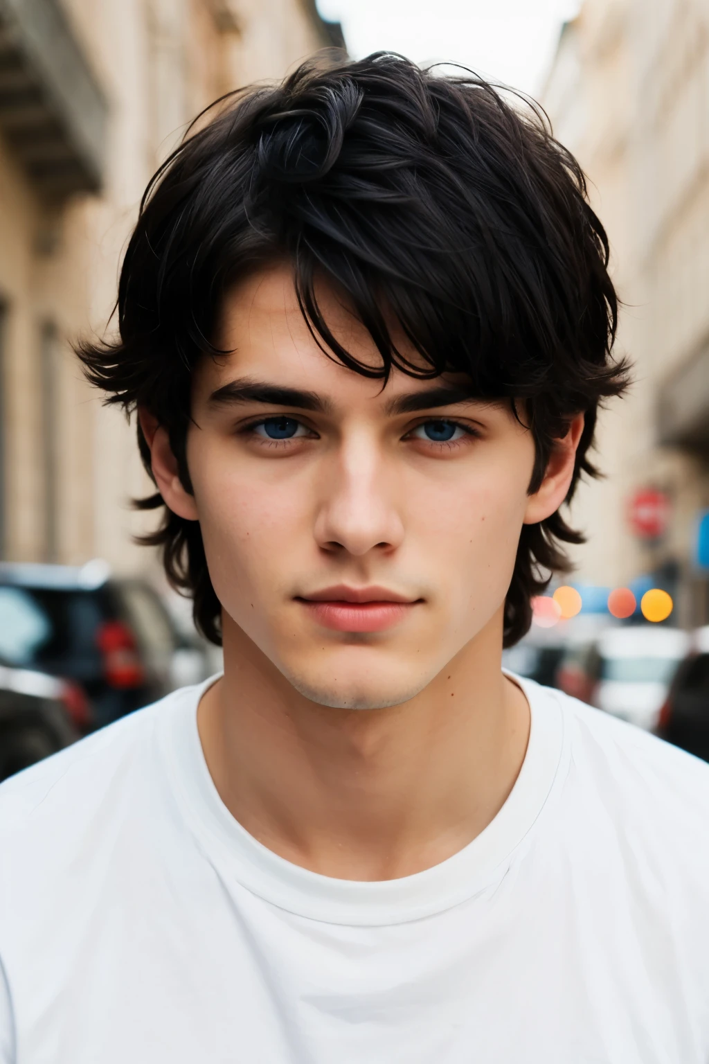 a beautiful young adult man, with messy short Black hear, low and slanted blue eyes