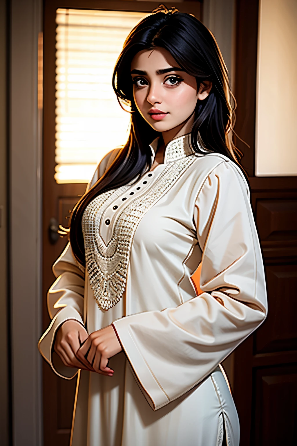 young woman, Pakistani, facing viewer, standing upright, inside well lit room, dressed in western clothing, closeup picture, high quality picture