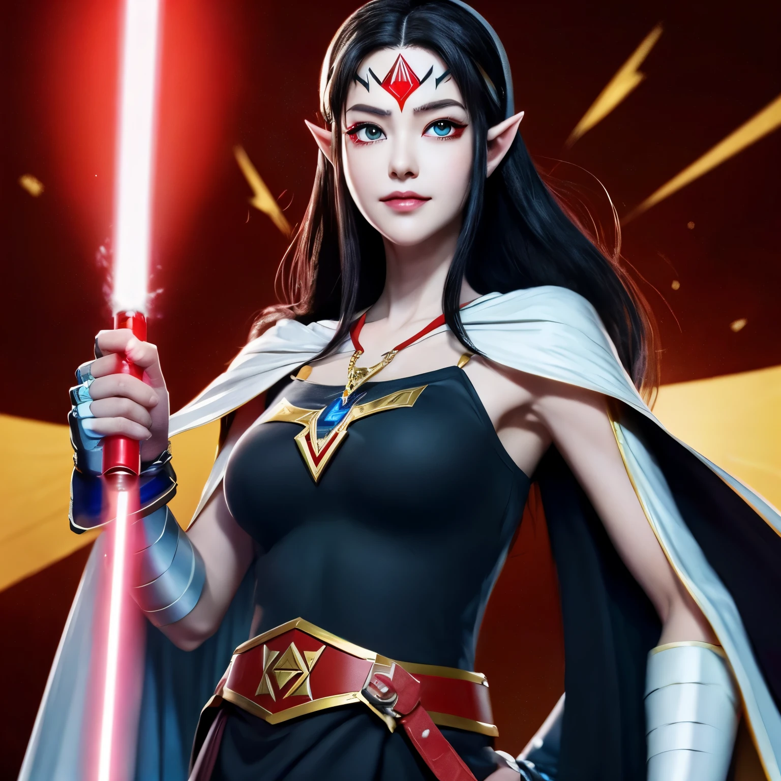Full body shot of Princess Zelda, Black hair, Red Eyes, Dressed as Ray Skywalker, 30 years old, Mature, XL Bust, Hold one red lightsaber with one hand, Wearing a black cape with red details, Fighting, in a fighting stance, Background: Inside the Death Star space station, unreal enginee 5, Anime, Anime style, masutepiece, well-drawn eyes, Well-drawn face, well detailed eyes, Well detailed face, 8K, 光影效果.