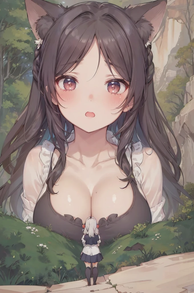 (inside the forest: 1.3), simple background, (2girls:1.4), (height_difference:1.5), (size_difference:1.5), navel, (collarbone), (ribcage:1.2), (giantess:1.3), (adult woman: 1.4), (girl rear view on a cliff below the breasts of a giantess girl: 1.4), (rear_end:1.3), (tall girl: 1.1), professionally drawn, (huge breasts), (cleavage sweat), (anime drawing:1.1), (simple bold lines: 1.1), (anime:1.1), (very cute anime girl), (bright), (low contrast), (prettiest age girl), (mature face: 1.4), (tall girl with big breasts: 1.2), (yuri:1.4), :D, catgirl, (girl on a cliff rear view: 1.5)