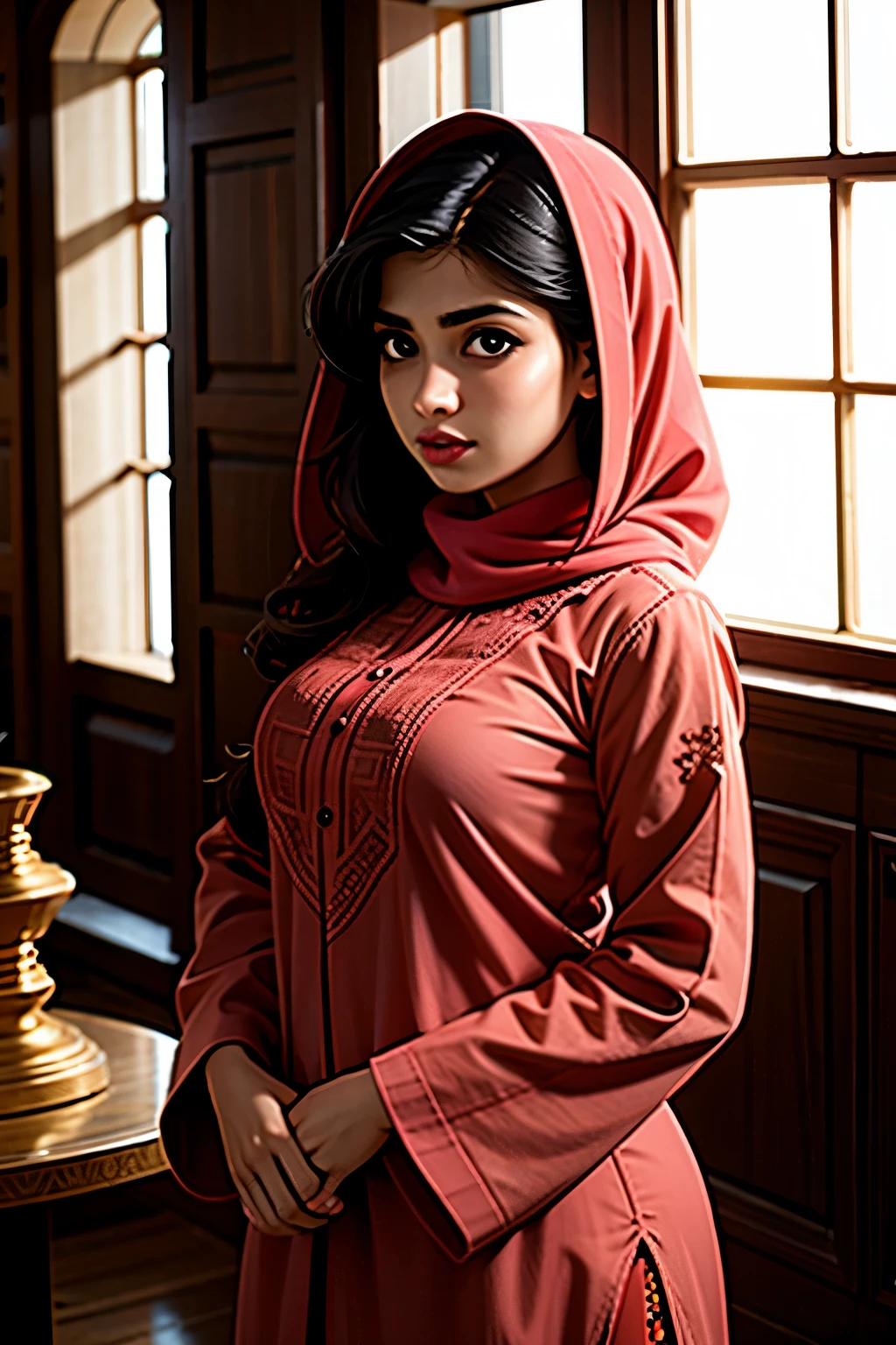 young woman, Pakistani, facing viewer, standing upright, inside well lit room, dressed in western clothing, closeup picture, high quality picture