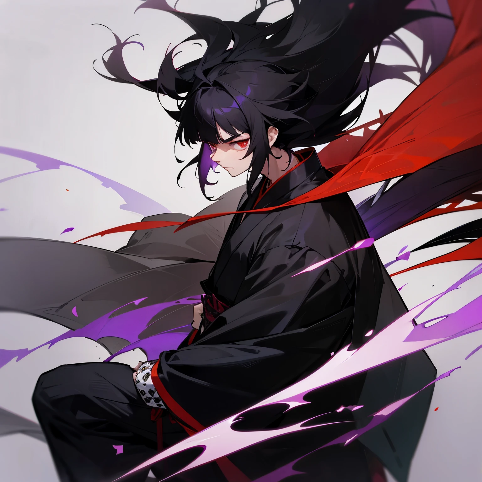 long, spiky black hair with red tips with two chin-length bangs. He wears a purple-and-black hexagonal patterned nagagi kimono and black umanori-styled hakama pants tied with a white uwa-obi. Over this, he wears a black cloak similar in appearance to a cape with protruding collars.