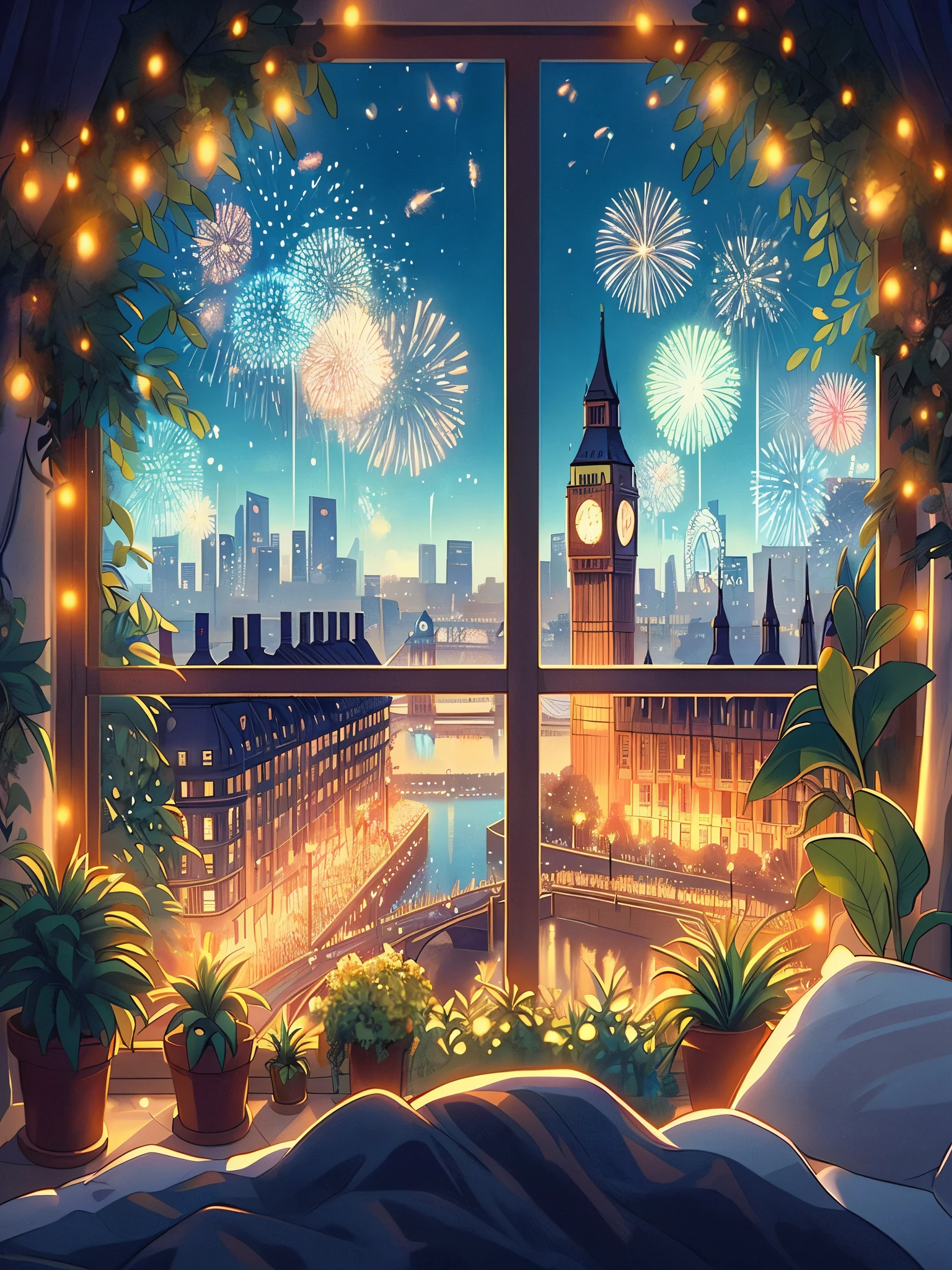 Draw anime cartoon concept art scene of view from bedroom window of new year celebration in London, fireworks, plants, fairylights, night, beautiful sky, natural colors, masterpiece, peaceful scene, no one