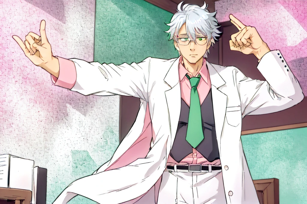 silver haired teacher with medical glasses, white lab coat, pink shirt, green tie, he is explaining and gesturing with his arms