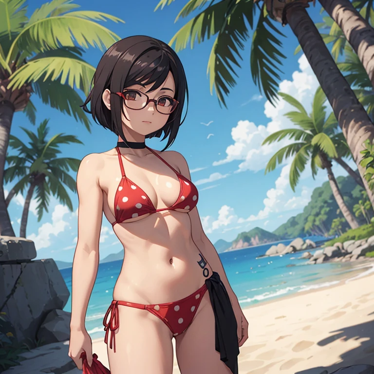 Sarada, (Sarada Uchiha, Sozinha, cabelo curto, Angled Textured Bob) ,Eyeglasses, selva, red bikini, peito pequeno, ((top lease, de lado, artistic composition, boa qualidade, alta qualidade, qualidade detalhada, best quality, Angled Textured Bob, seios pequenos, fio dentai, dug bikini)),(olhos pretos, artistic composition, super detalhada),(olhos delicados), usando batom rosa, cabelo preto curto,(corpo fitness, corpo atletico), pele bronzeada, red polka dot bikini. standing under a tree. olhos detalhados. bumbum grande. de lado, marquinha de bronzeado, perspectiva lateral,(Uchiha Sarada, marquinha de bronzeado, Obra Prima)