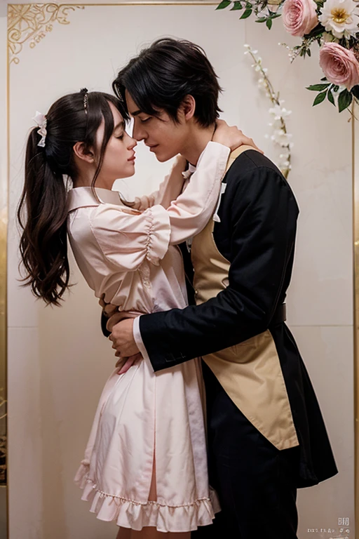 a film poster of a couple hugging each other in front of a castle, manhwa, shoujo romance, aristocratic, the flower prince, castle scene manga, delicate androgynous prince, cover manga, steam romance, romance novel cover, bloom. fantasy, sakimichan and frank franzzeta, manga cover, shoujo manga, in school witch uniform, hate to lover, student, boy an girl, love between friends, with uniform, with title "friends shouldn't act this way!",