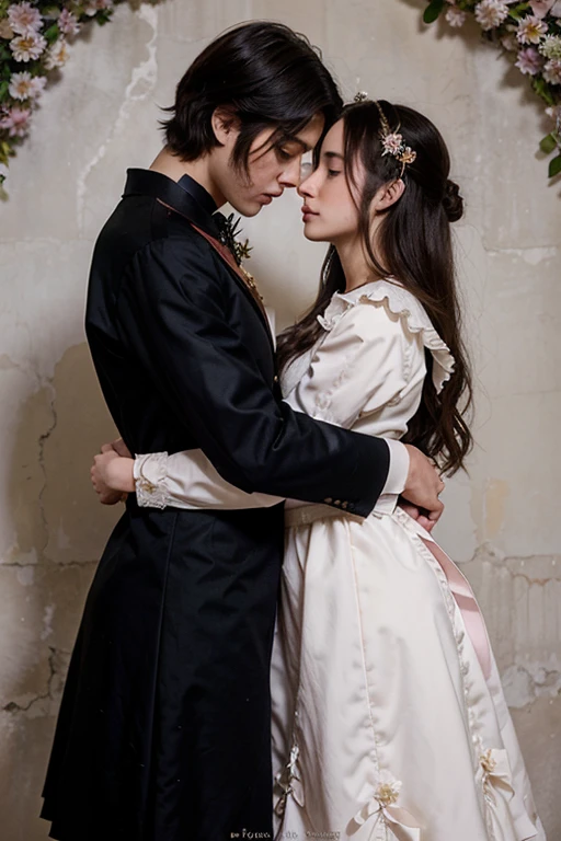 a film poster of a couple hugging each other in front of a castle, manhwa, shoujo romance, aristocratic, the flower prince, castle scene manga, delicate androgynous prince, cover manga, steam romance, romance novel cover, bloom. fantasy, sakimichan and frank franzzeta, manga cover, shoujo manga, in school witch uniform, hate to lover, student, boy an girl, love between friends, with uniform, with title "friends shouldn't act this way!",
