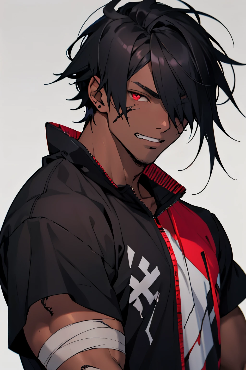 Dark brown skin, half human half demon, deformed mouth, scarred mouth, bandage around one eye, black silky hair soft hair anime hair, man, red eyes, emo clothing, punk clothing, muscular, dark skin