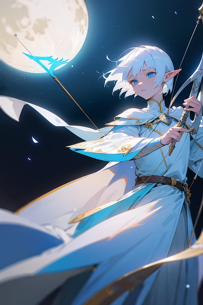 ultra-detailed, pointy ears, white hair, blue eyes, short hair, wearing light elfin armor with white color, wearing a blue cape on the back with moon designs in white, holding a bow and arrow in his hand, the cloth is the moon, a face, ethereal lighting, mystical atmosphere, vibrant colors